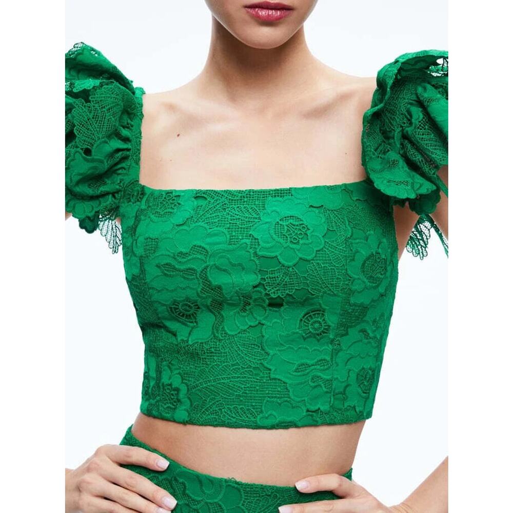 ALICE + OLIVIA TAWNY EMERALD GREEN EYELET RUFFLE CROP TOP WOMEN’S 10 NWT - Picture 5 of 6